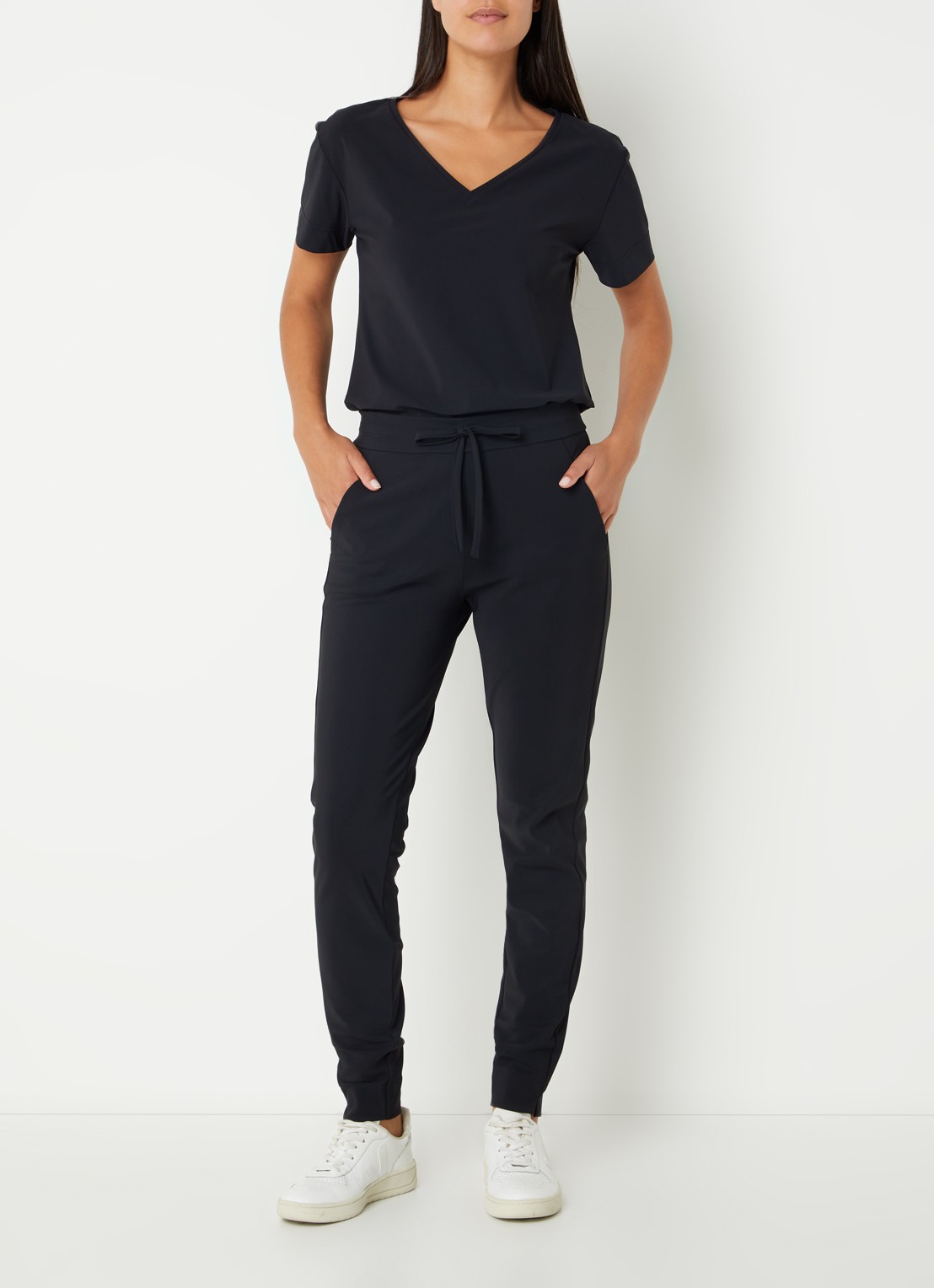 Studio Anneloes Downstairs Bonded mid waist slim fit broek van travelstof - voorkant 3 zwart