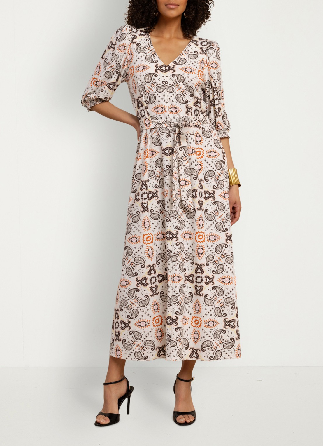 Studio Anneloes Emira maxi jurk met pofmouw en strikceintuur - voorkant 3 creme