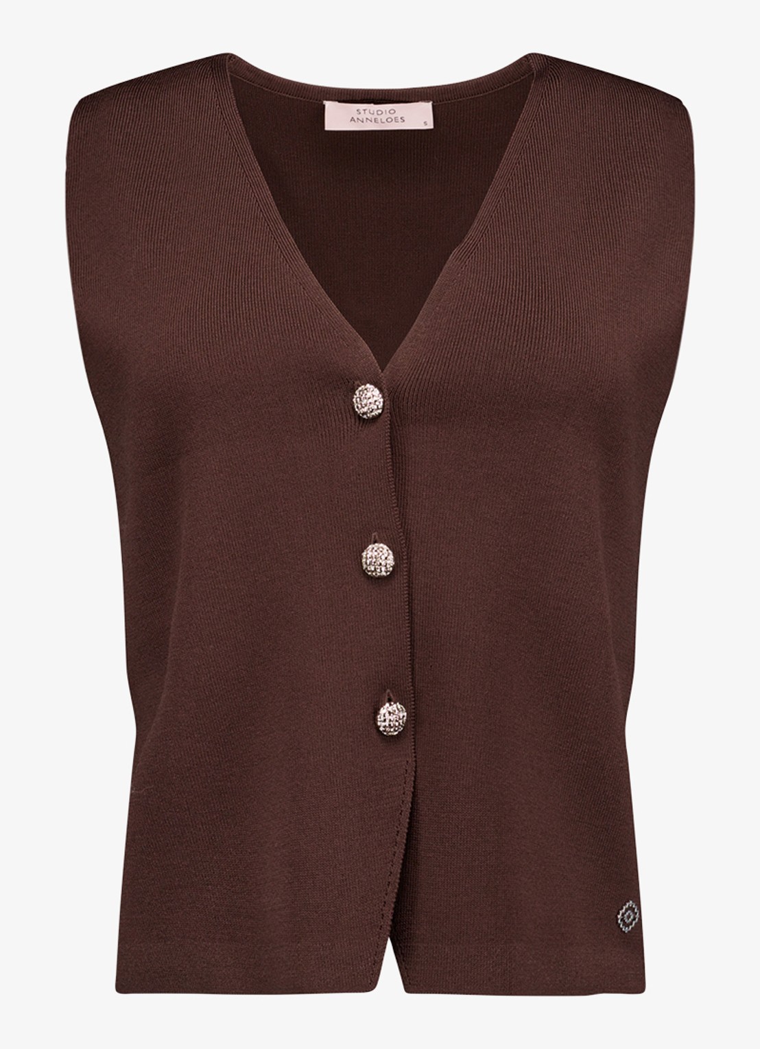 Studio Anneloes Fenna ribgebreide gilet met sierknopen  - voorkant bruin