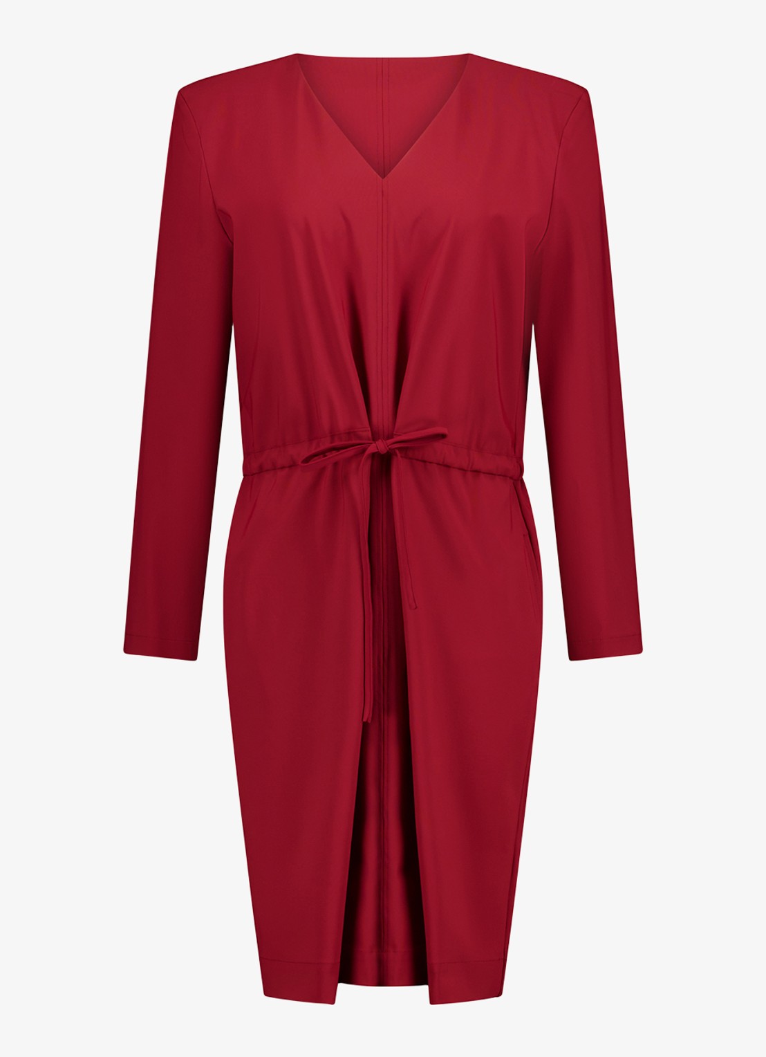 Studio Anneloes Fern midi jurk met strik ceintuur en schoudervulling - voorkant 4 donkerrood