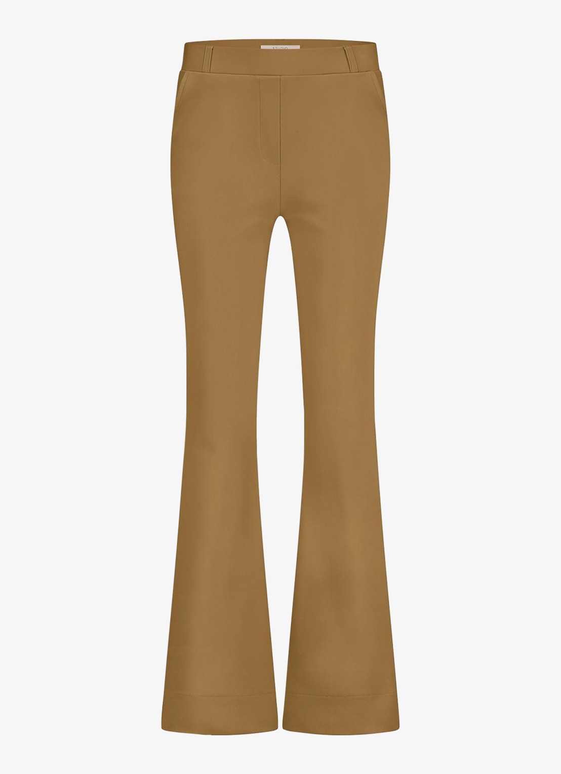 Studio Anneloes Flair mid waist flared fit pantalon van travelstof - voorkant 2 okergeel