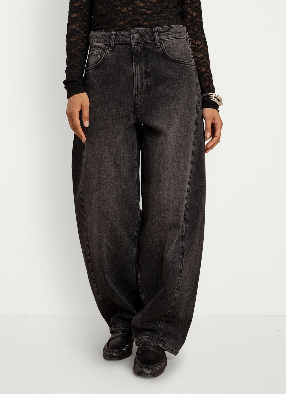 Studio Anneloes Frenkie high waist wide fit jeans met gekleurde wassing - detail antraciet