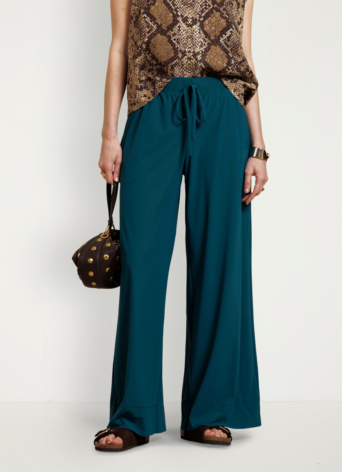 Studio Anneloes Grace high waist wide fit palazzo broek met trekkoord - detail 3 zeegroen