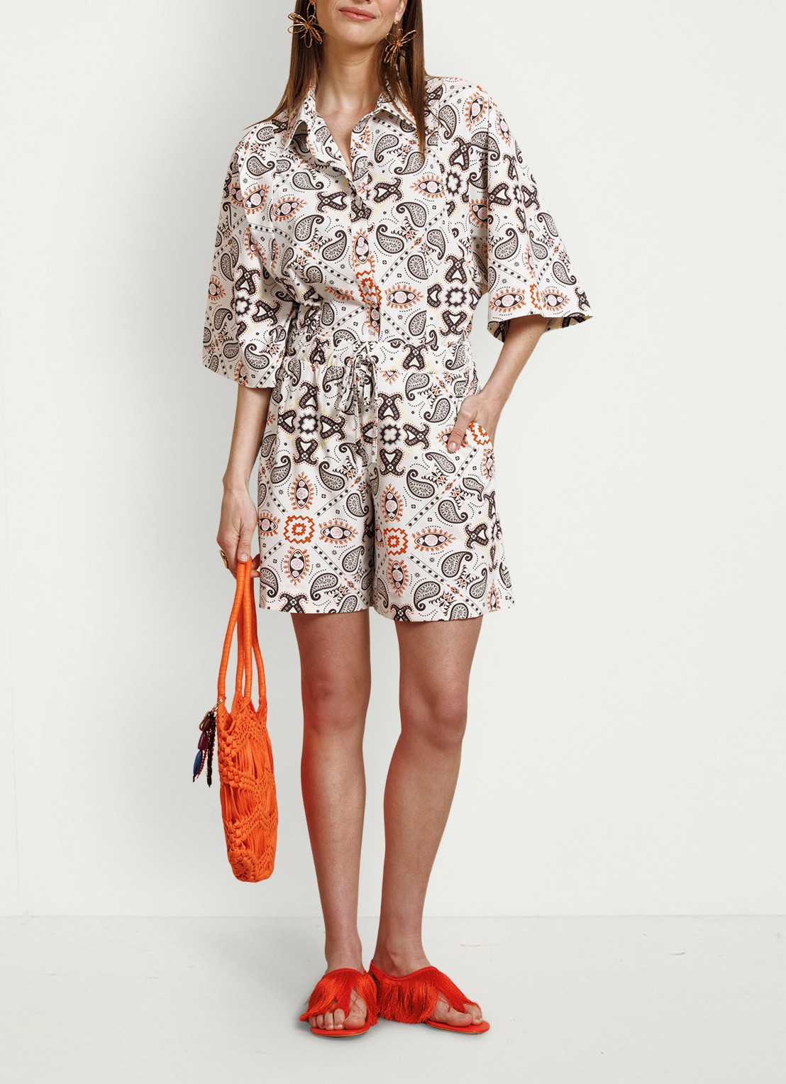 Studio Anneloes Grayden high waist wide fit korte broek met elastische band en print - voorkant 3 creme