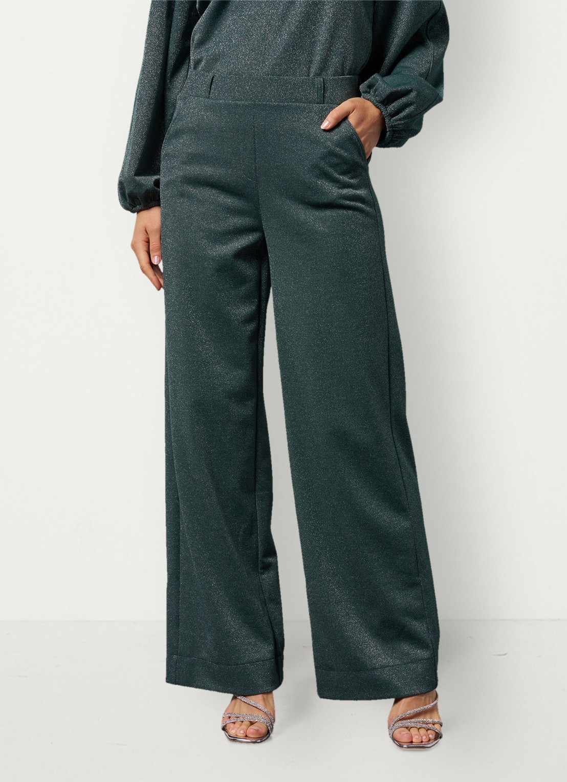 Studio Anneloes High waist wide fit pantalon met lurex en steekzakken - detail 2 donkergroen