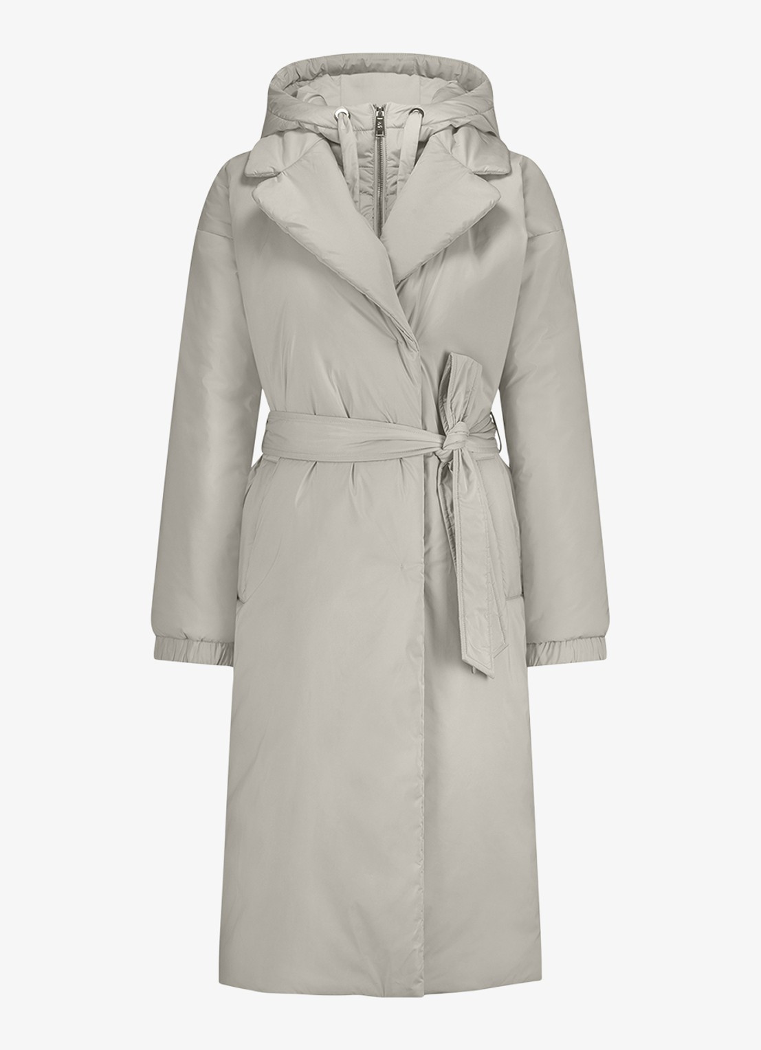 Studio Anneloes Jas met strikceintuur en capuchon - voorkant creme
