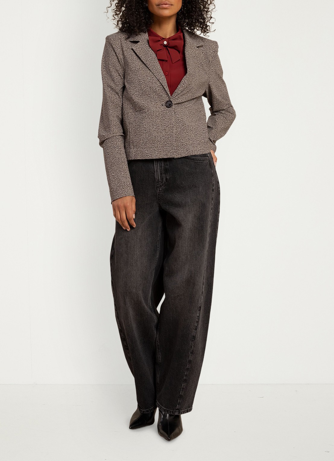 Studio Anneloes Jorine single-breasted blazer met tweed-look - voorkant 2 taupe