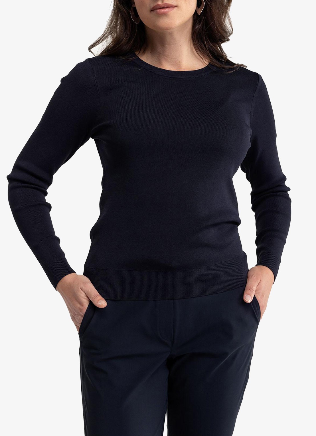 Studio Anneloes Lana fijngebreide pullover met ronde hals - detail donkerblauw