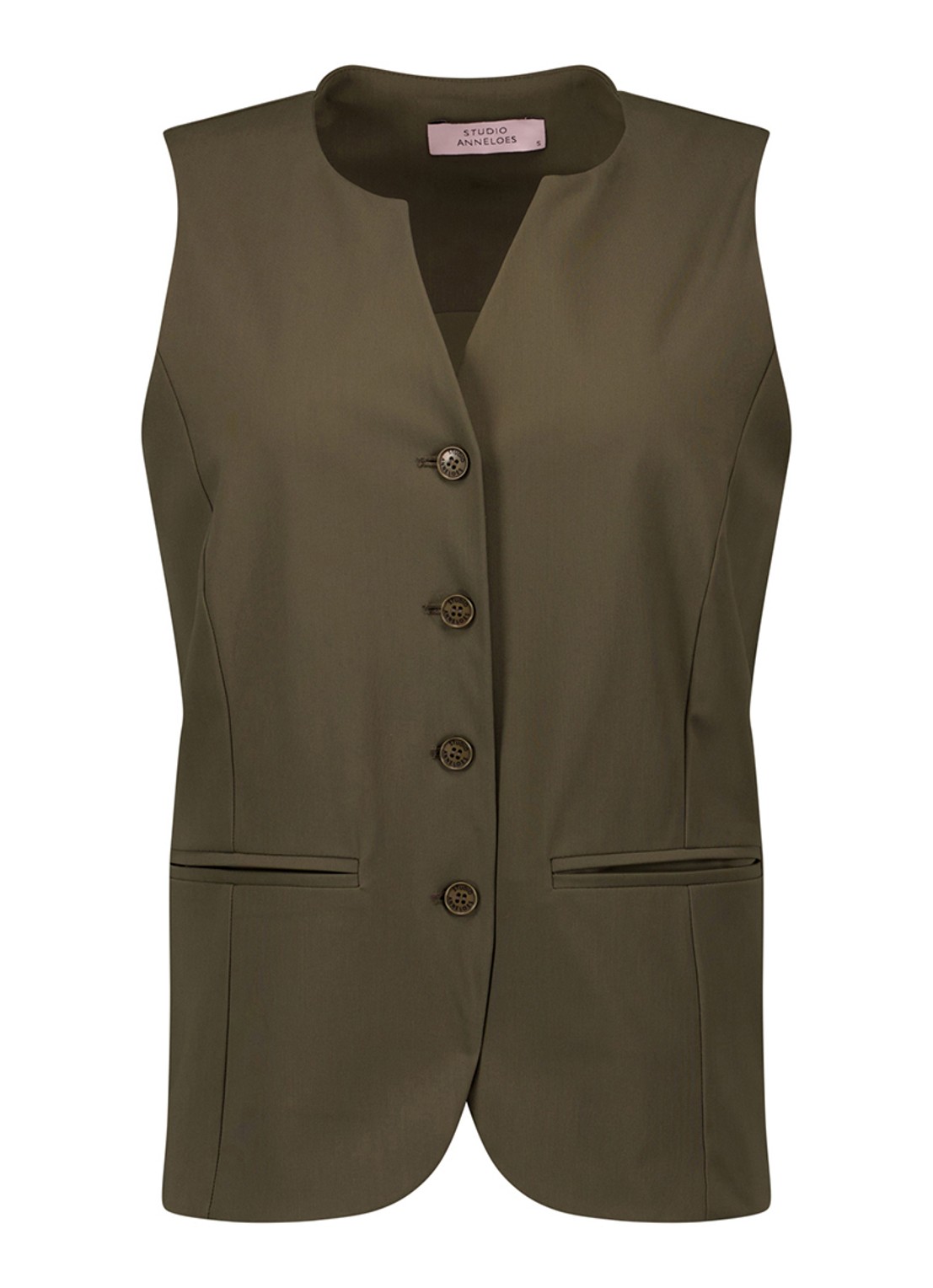 Studio Anneloes Lenora gilet met paspelzakken - voorkant bronsgroen