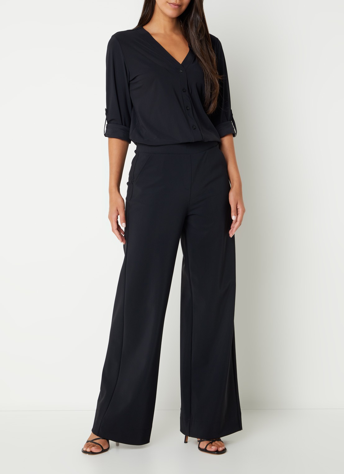 Studio Anneloes Lexie Bonded high waist wide fit pantalon van travelstof  - voorkant 2 zwart