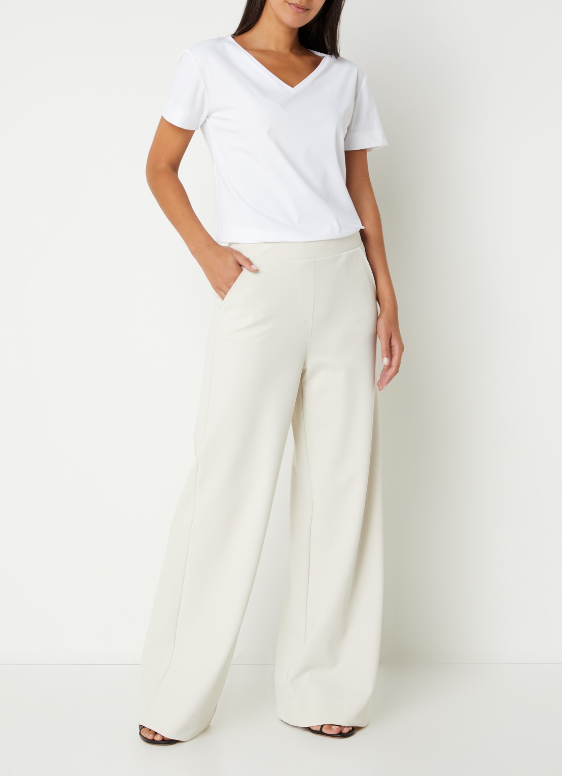 Studio Anneloes Lexie Bonded high waist wide fit pantalon van travelstof  - voorkant 4 gebroken wit