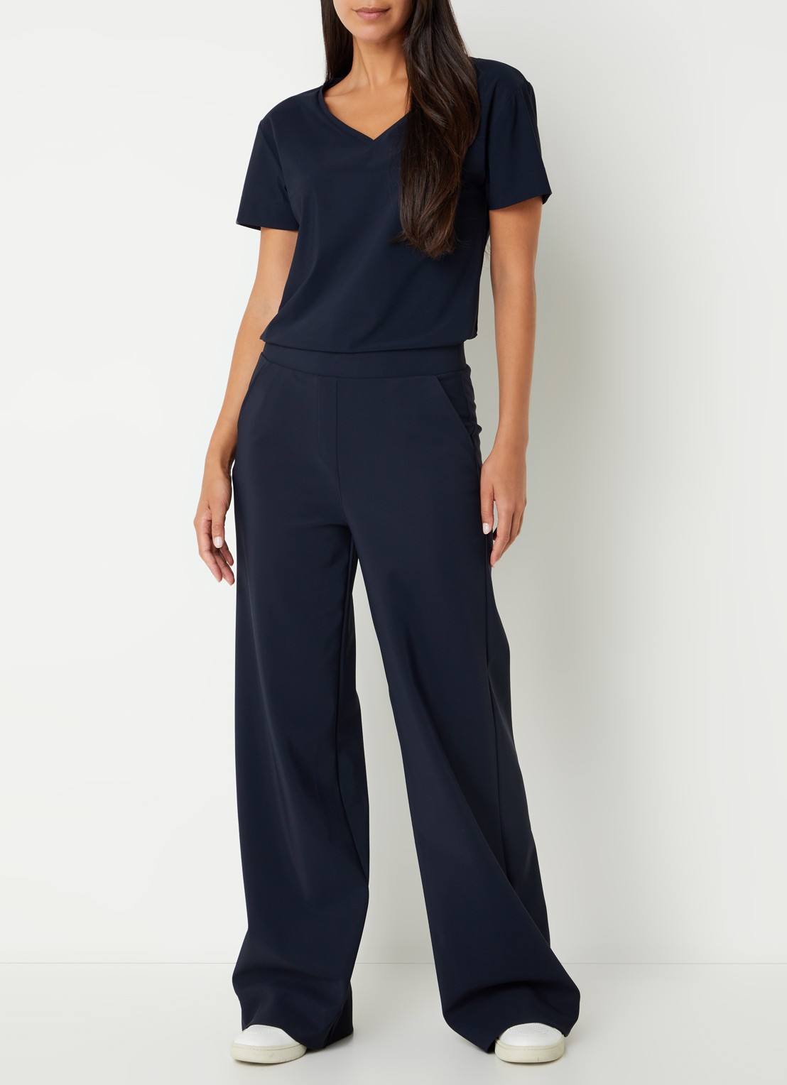Studio Anneloes Lexie Bonded high waist wide fit pantalon van travelstof  - voorkant 2 donkerblauw