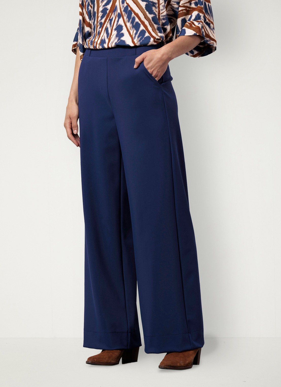 Studio Anneloes Lexie mid waist wide fit pantalon van travelstof - detail donkerblauw