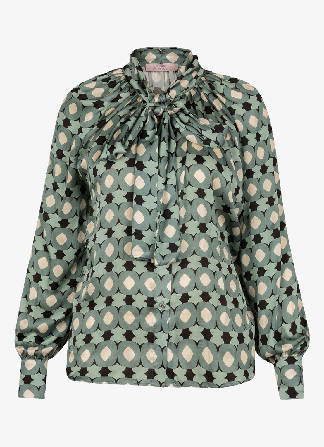 Studio Anneloes Lorina blouse met grafisch patroon en sjaalkraag - voorkant groen