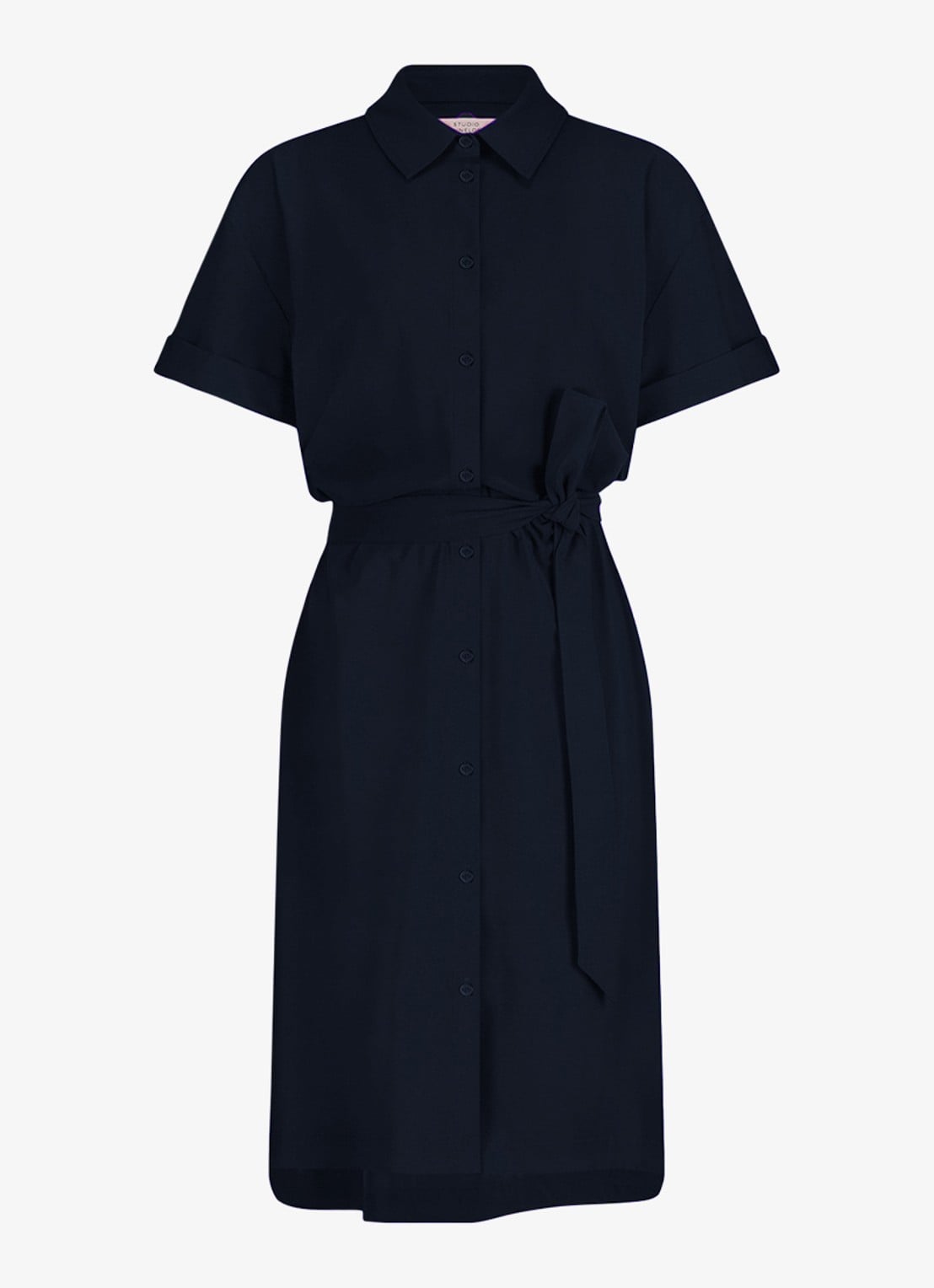 Studio Anneloes Louni midi blousejurk met strikceintuur - voorkant donkerblauw