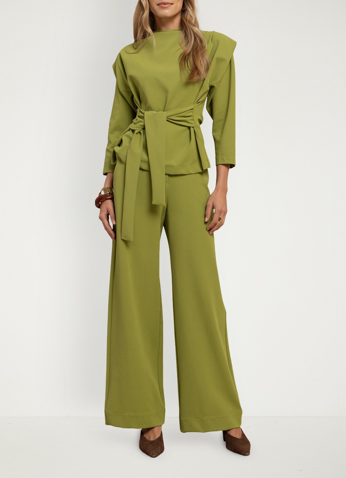 Studio Anneloes Luz high waist wide fit pantalon met steekzakken - voorkant 3 groen