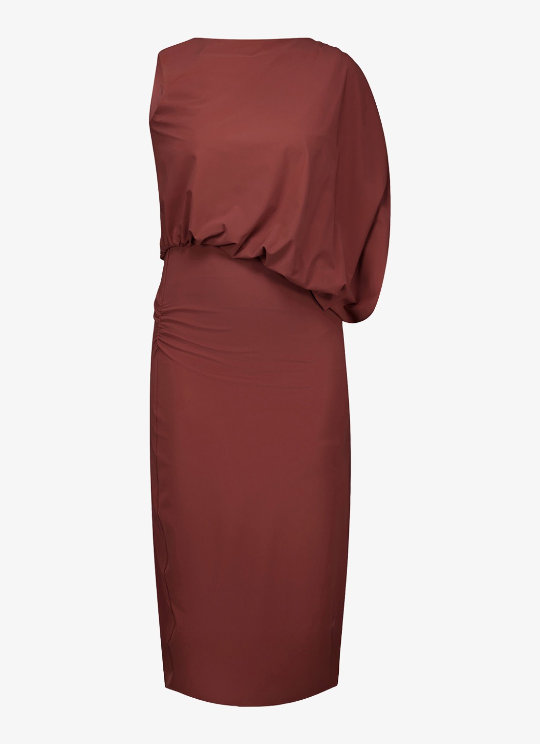 Studio Anneloes Lynn midi jurk met asymmetrische mouw - voorkant bordeauxrood