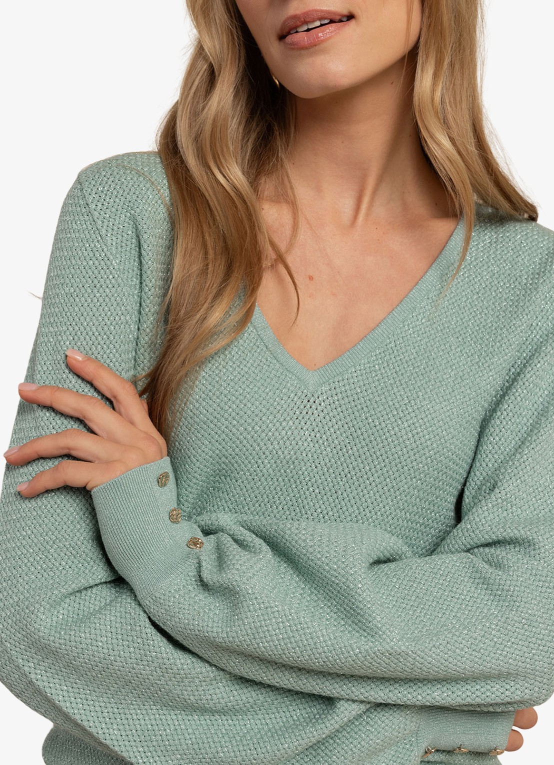 Studio Anneloes Nika grofgebreide pullover met v-hals - detail 4 groen
