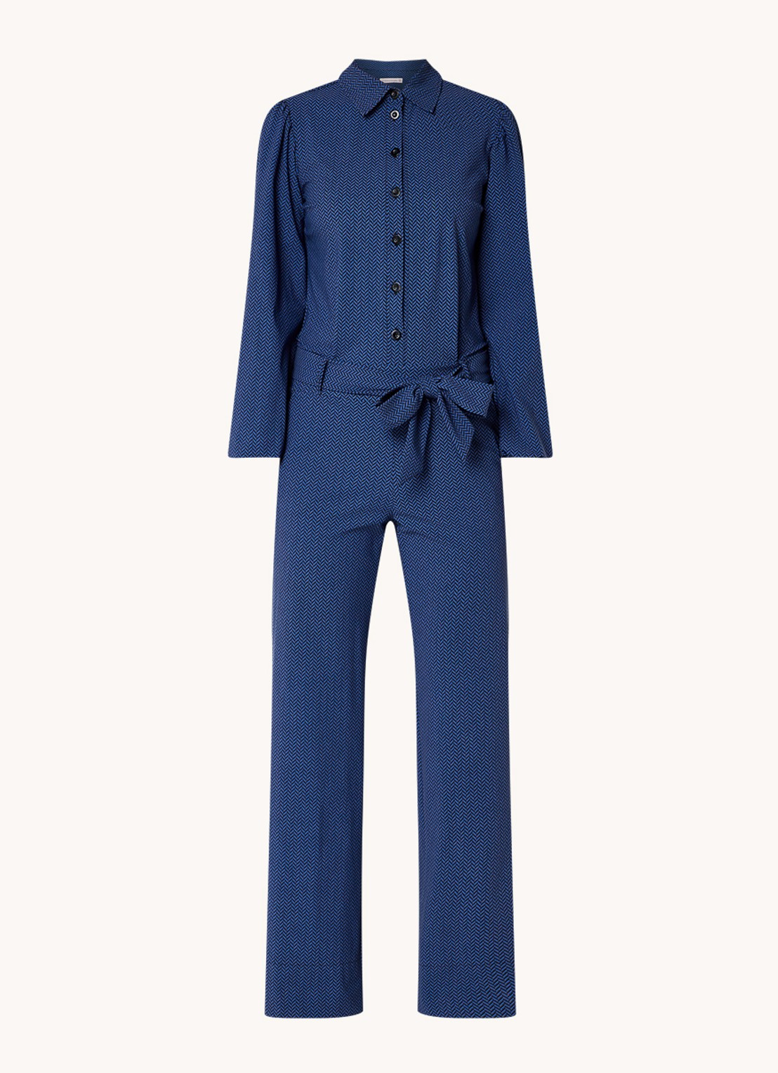 Studio Anneloes Nouk flared fit jumpsuit van travelstof met grafische print - voorkant kobaltblauw