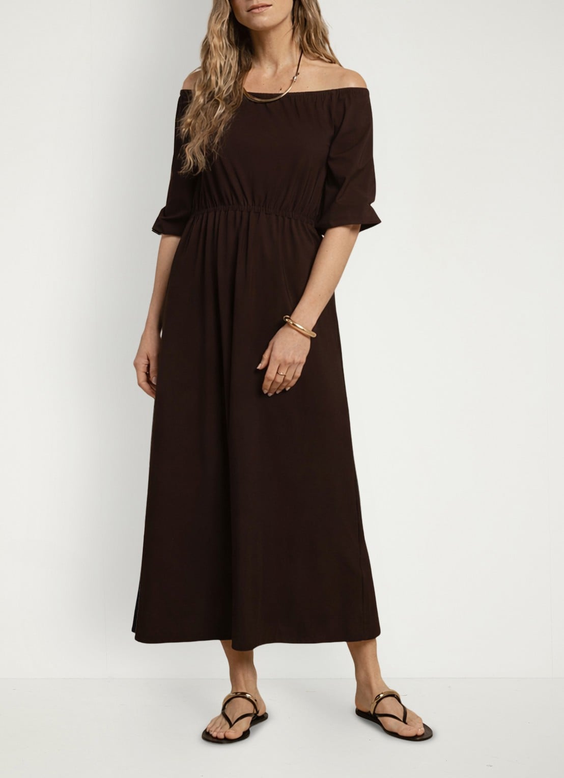 Studio Anneloes Off shoulder midi jurk met stretch - voorkant 2 bruin