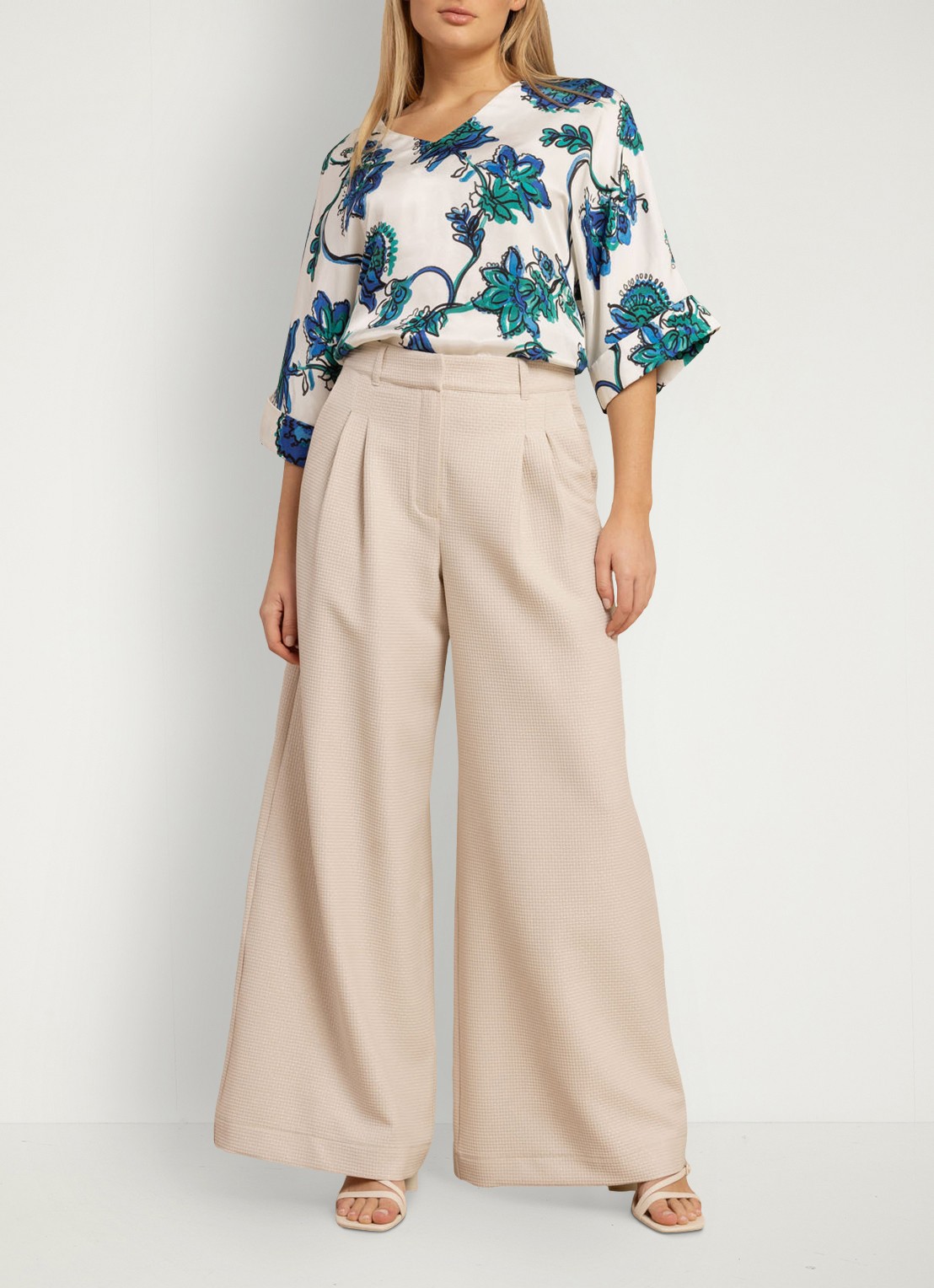 Studio Anneloes Sky high waist wide fit pantalon met structuur - achterkant creme