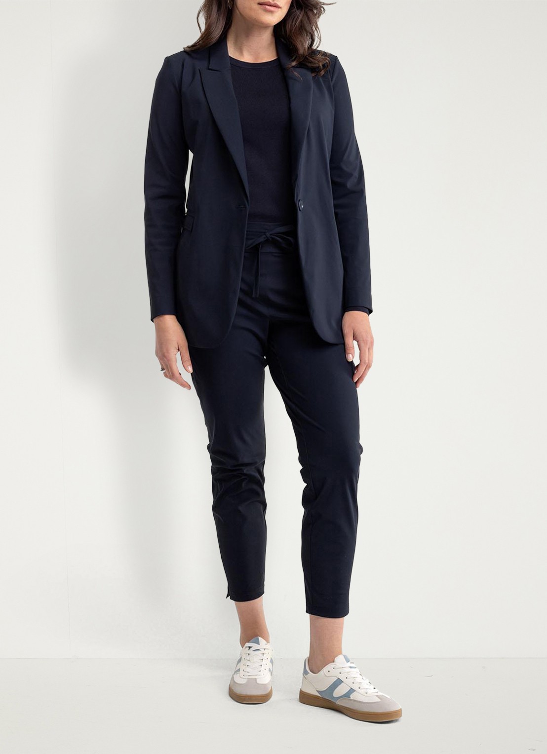 Studio Anneloes Startup high waist cropped slim fit broek met trekkoord - voorkant 5 donkerblauw