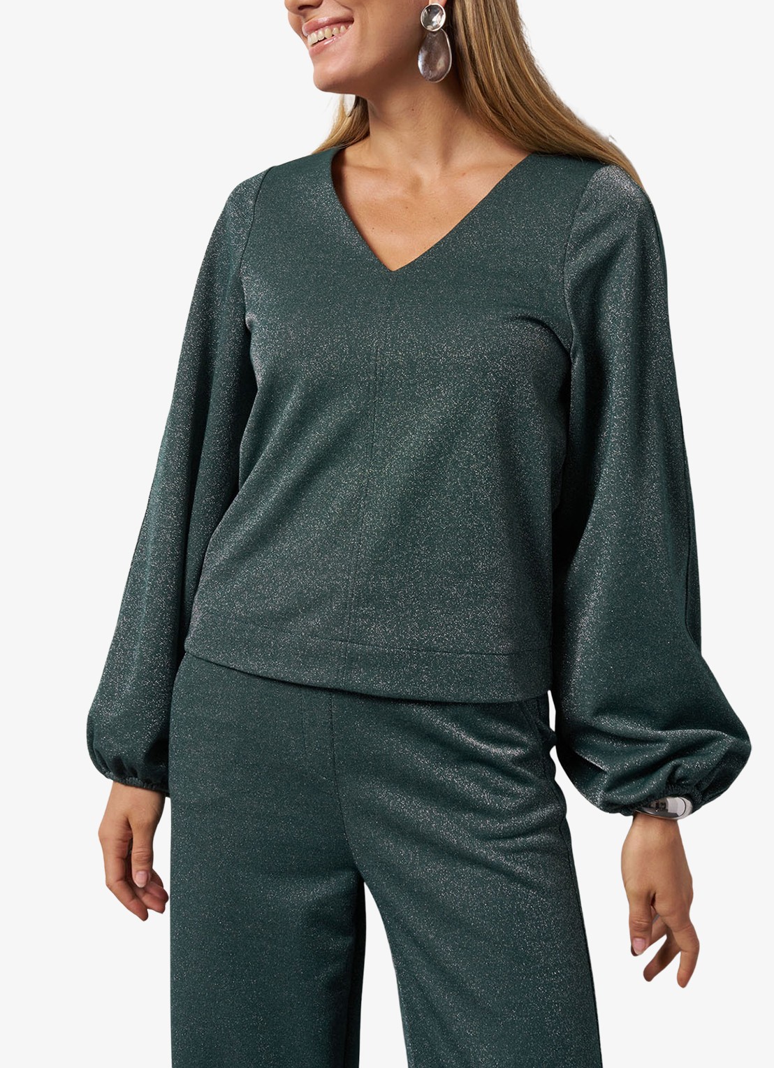 Studio Anneloes Sweater met V-hals en lurex - detail donkergroen