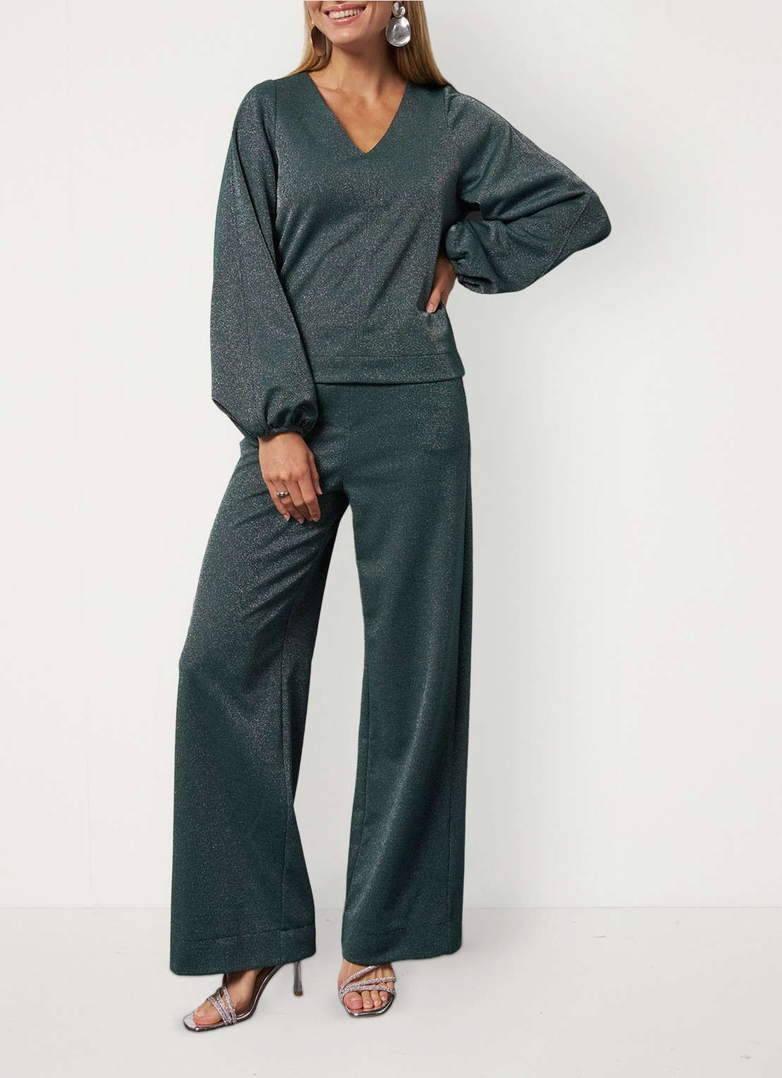 Studio Anneloes Sweater met V-hals en lurex - voorkant 4 donkergroen