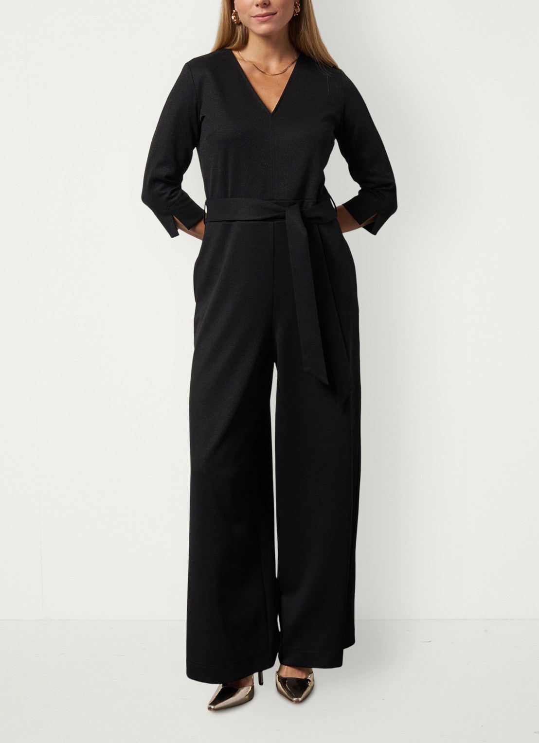 Studio Anneloes Wide fit jumpsuit met lurex en strikceintuur - detail 2 zwart