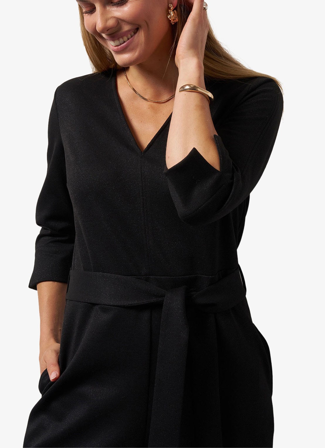 Studio Anneloes Wide fit jumpsuit met lurex en strikceintuur - detail 4 zwart