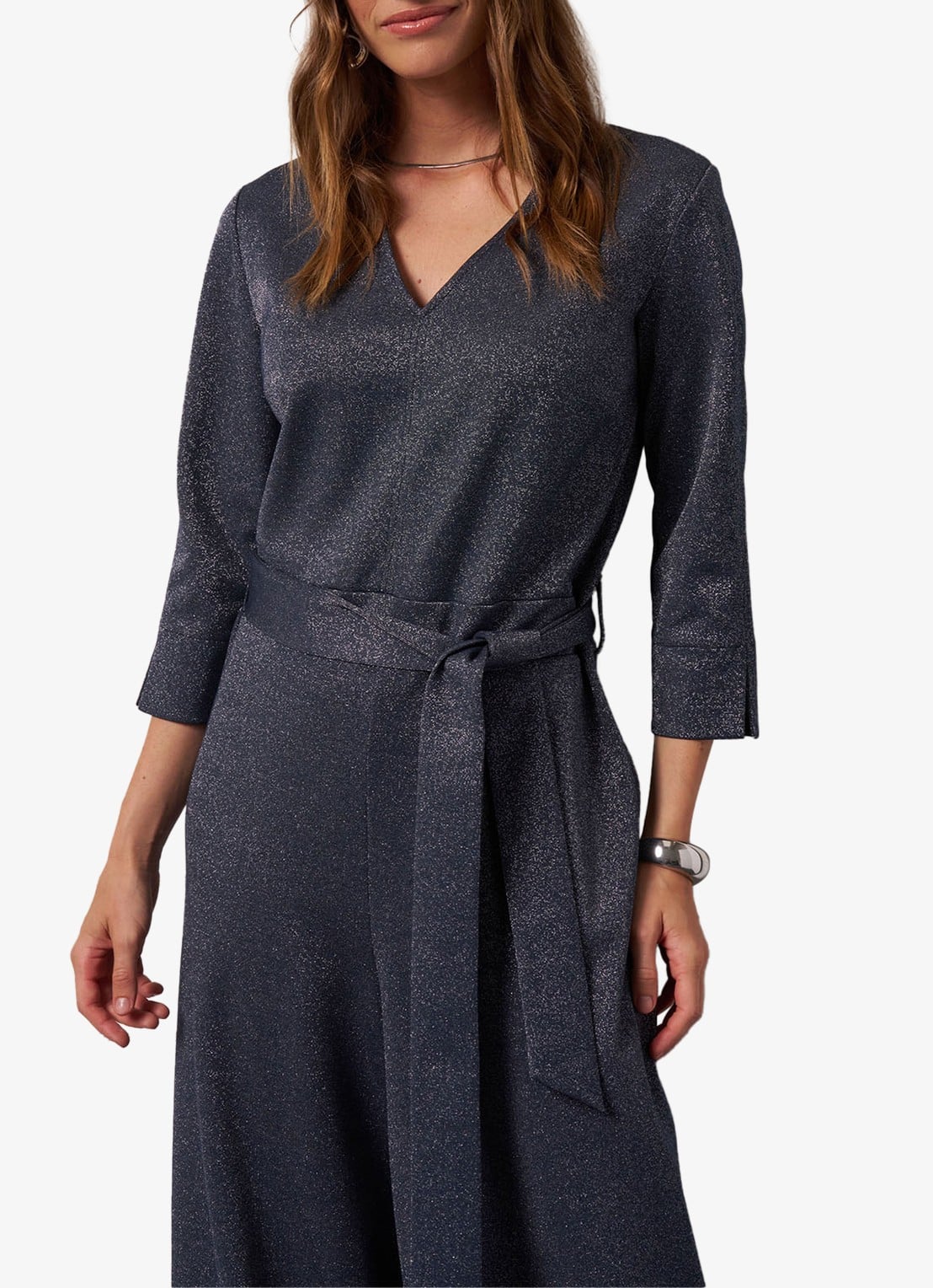 Studio Anneloes Wide fit jumpsuit met lurex en strikceintuur - detail blauwgrijs