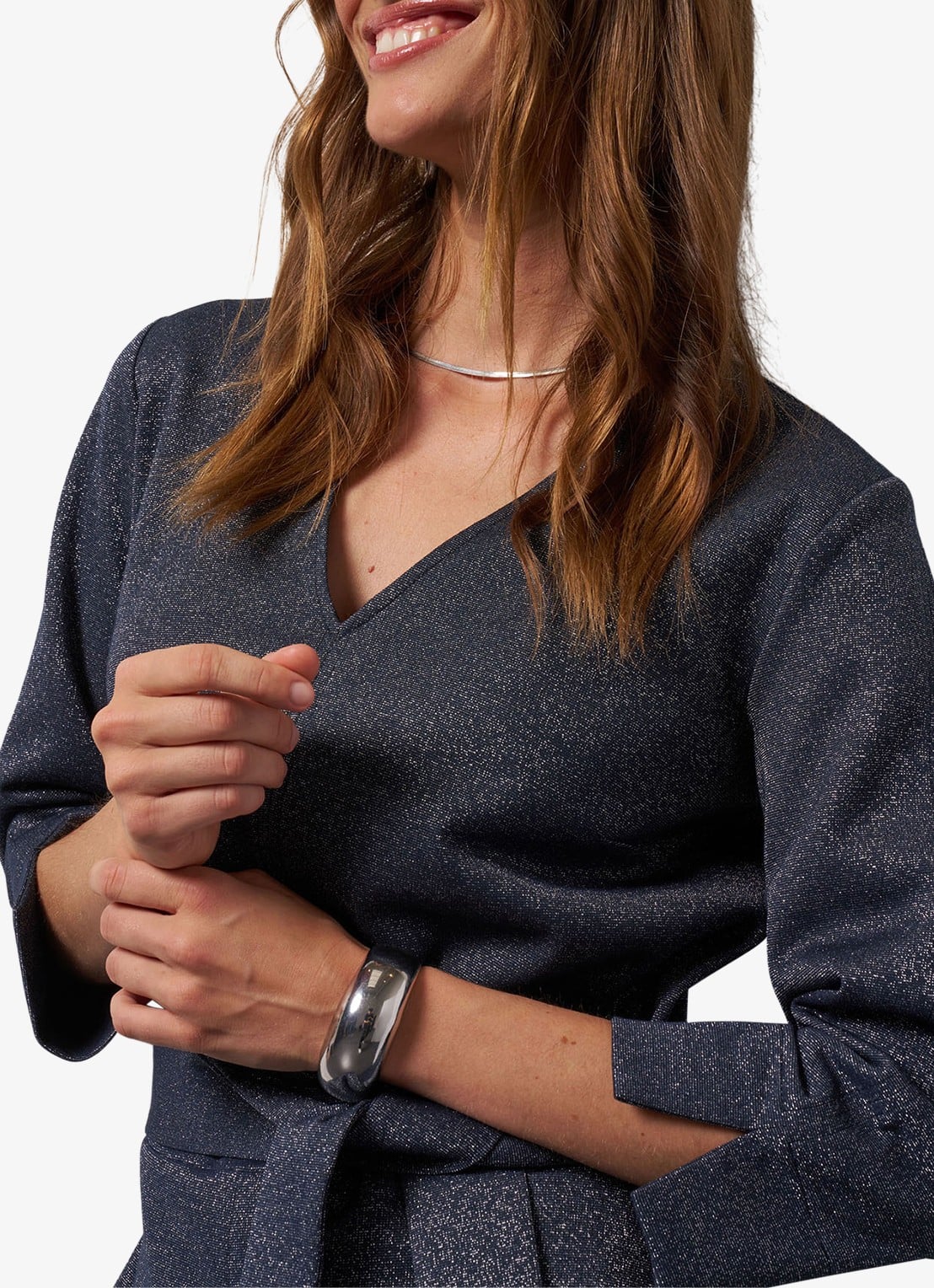 Studio Anneloes Wide fit jumpsuit met lurex en strikceintuur - detail 2 blauwgrijs