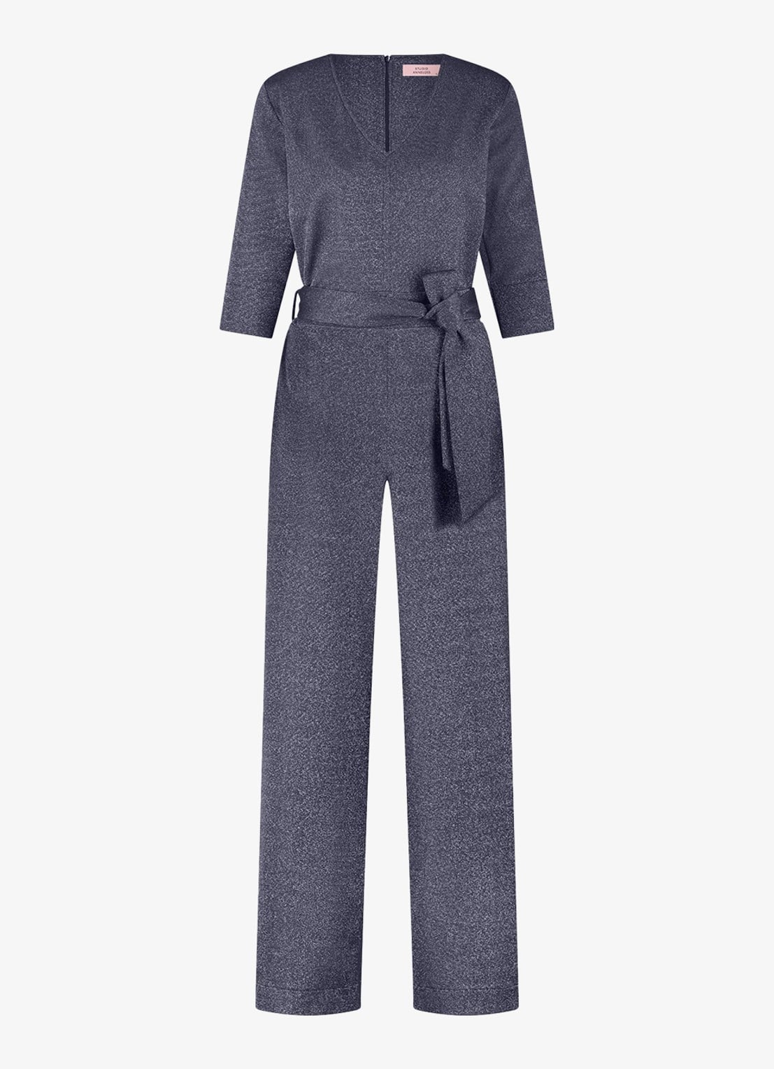 Studio Anneloes Wide fit jumpsuit met lurex en strikceintuur - voorkant 4 blauwgrijs