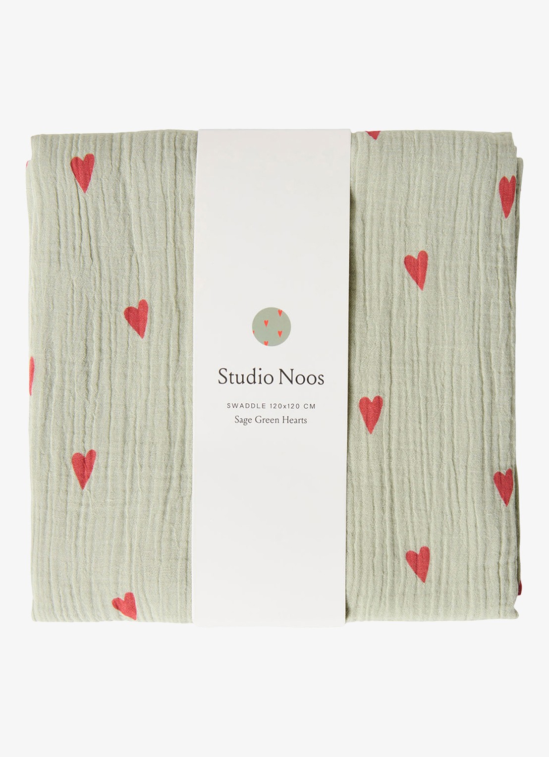 Studio Noos Sage green with red Hearts  - detail mosgroen