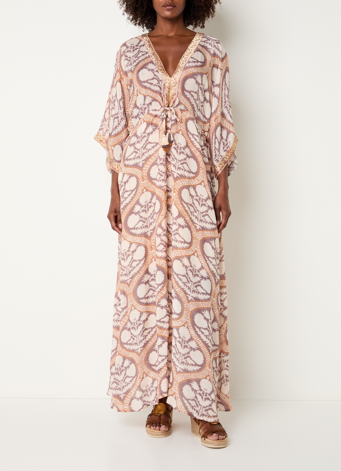 Summum Art Deco maxi tuniekjurk met pailletten en print - detail gebroken wit