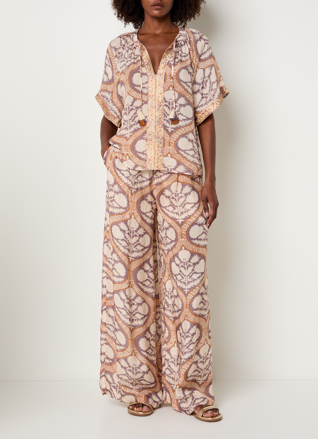 Summum Art Deco tuniek met pailletten en print - voorkant 4 gebroken wit
