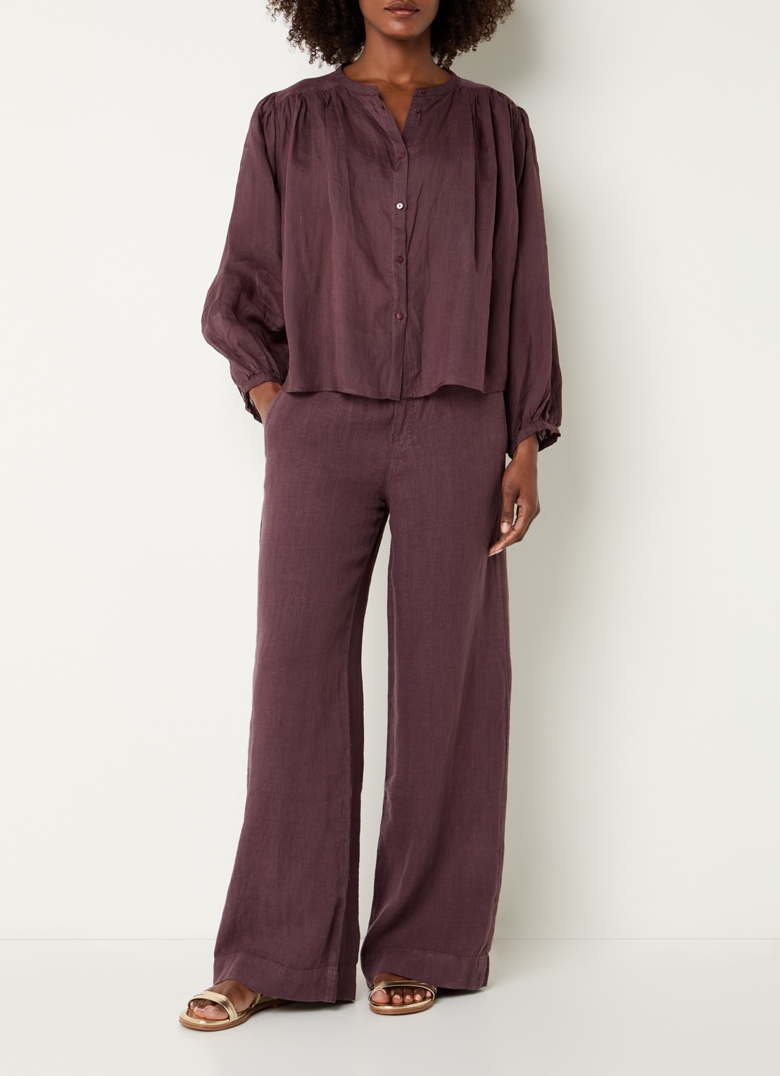 Summum Blouse met pofmouw en plooidetail - voorkant 3 aubergine