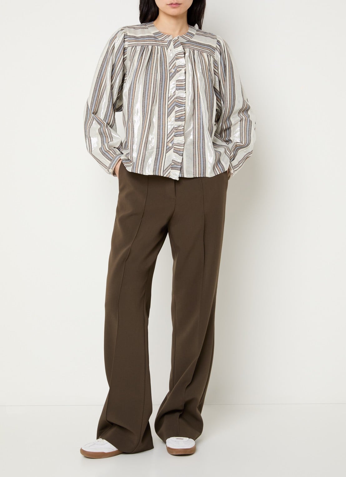 Summum Blouse met streepprint en ruches - voorkant 2 zilver