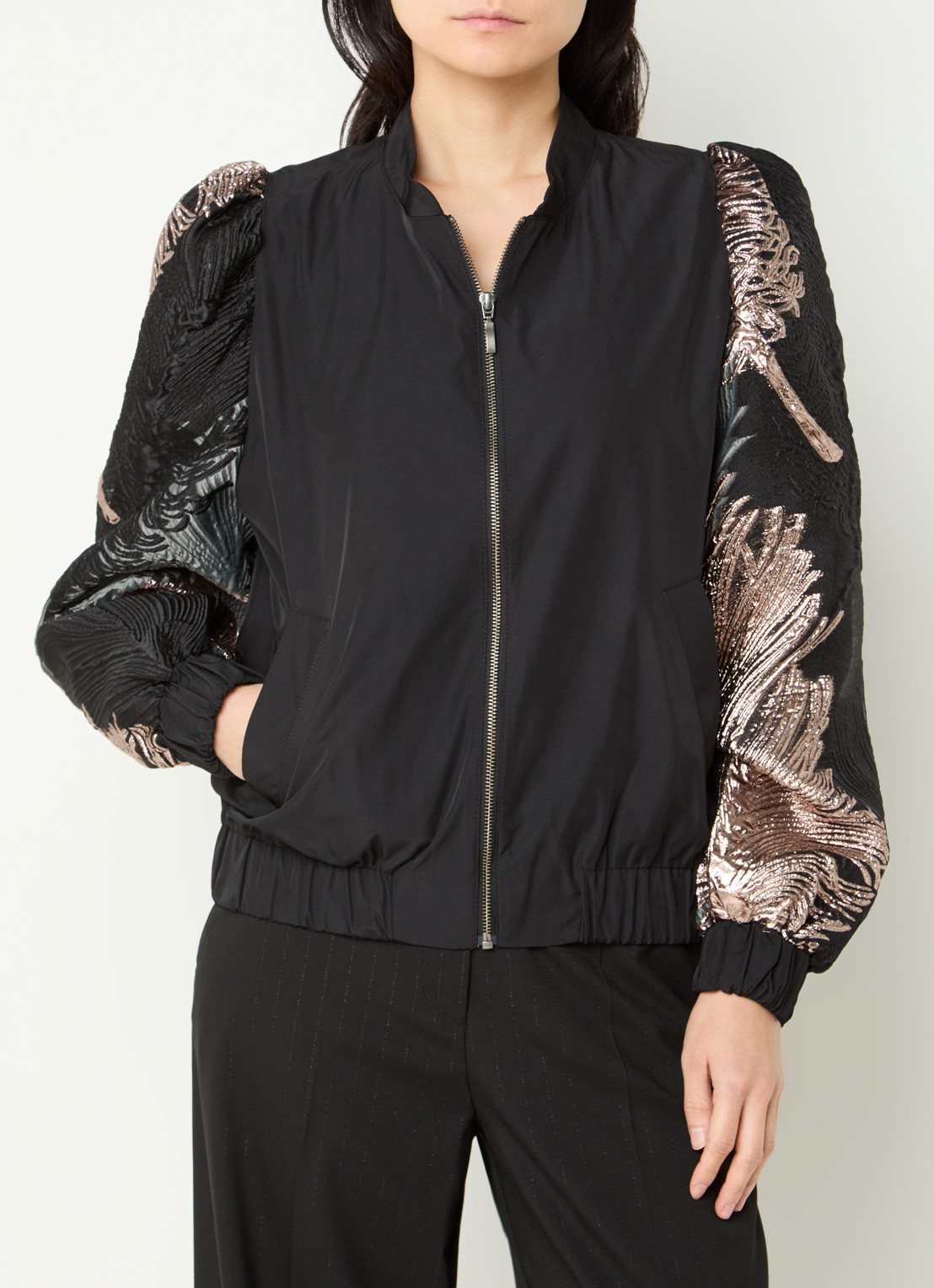 Summum Bomberjack met jacquard dessin en ballonmouw - detail 4 zwart