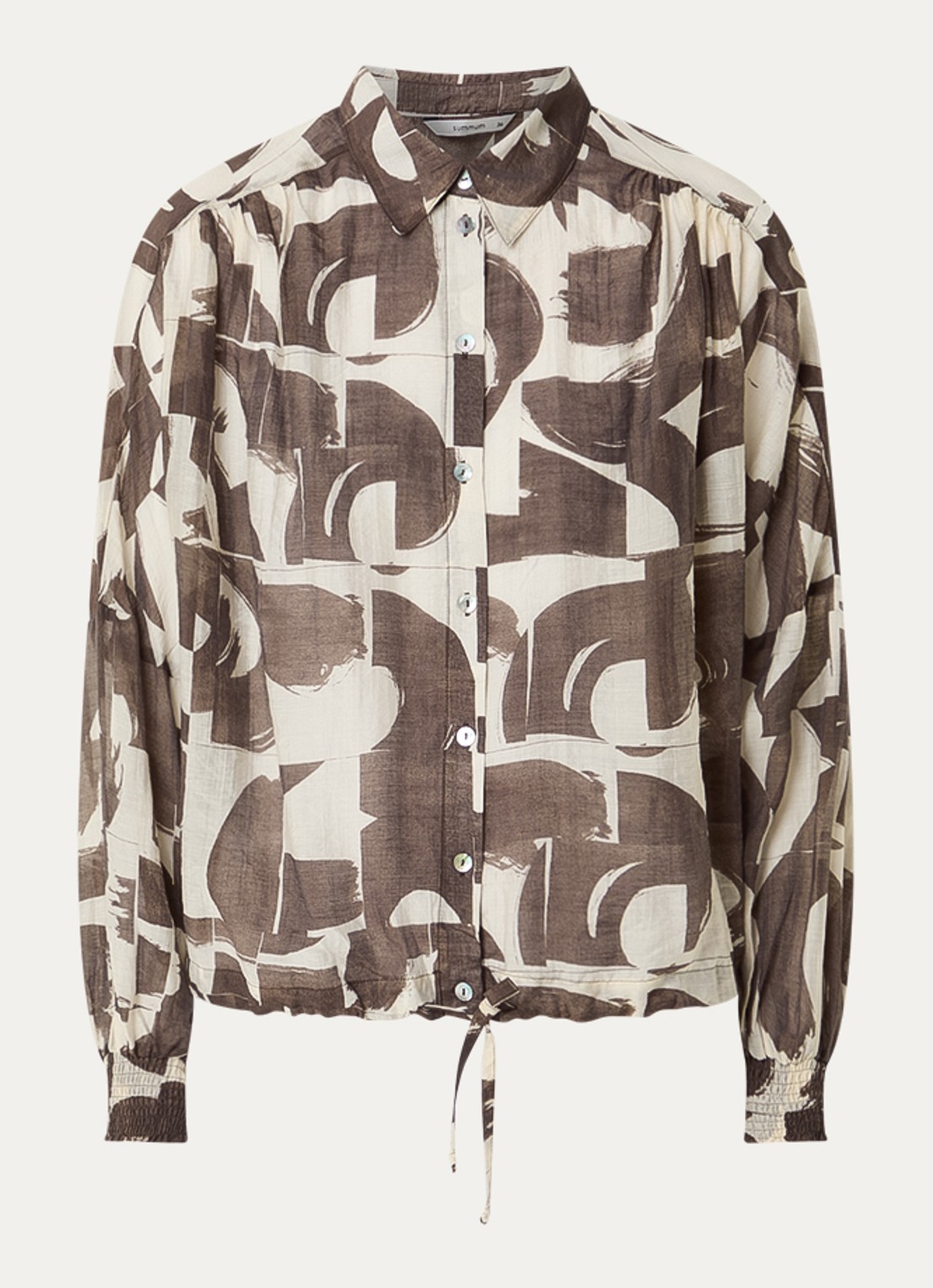 Summum Cropped blouse met grafische print en pofmouw - voorkant 3 donkerbruin