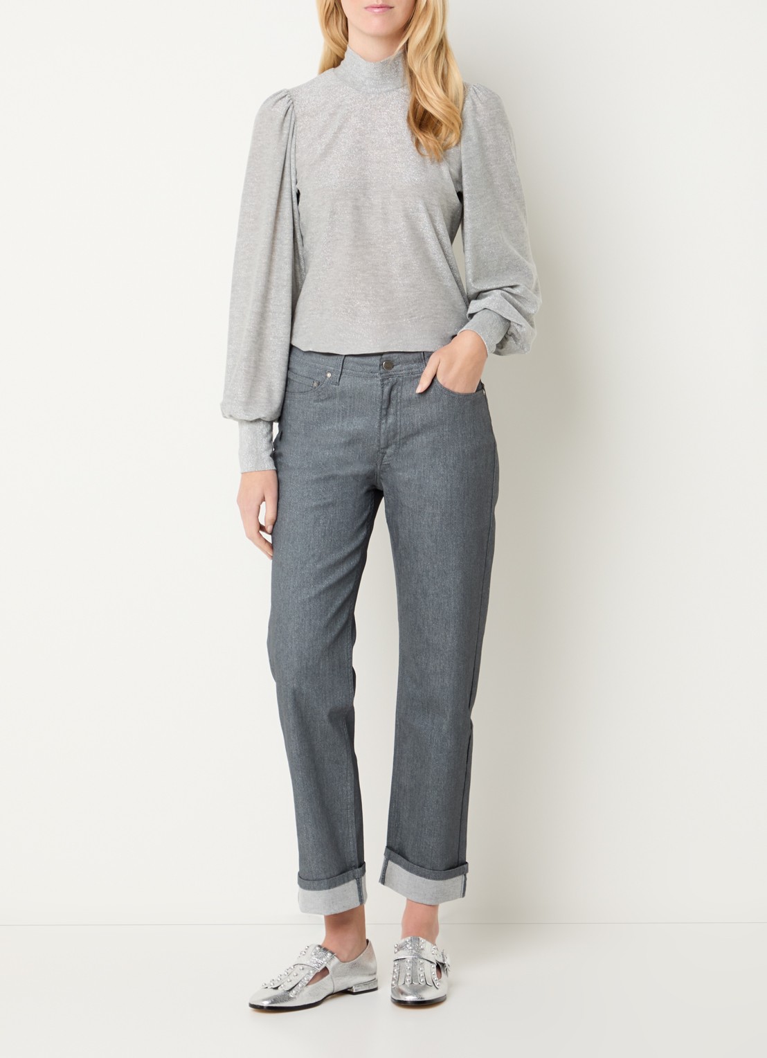 Summum High waist cropped chino met lurex - voorkant 2 grijs