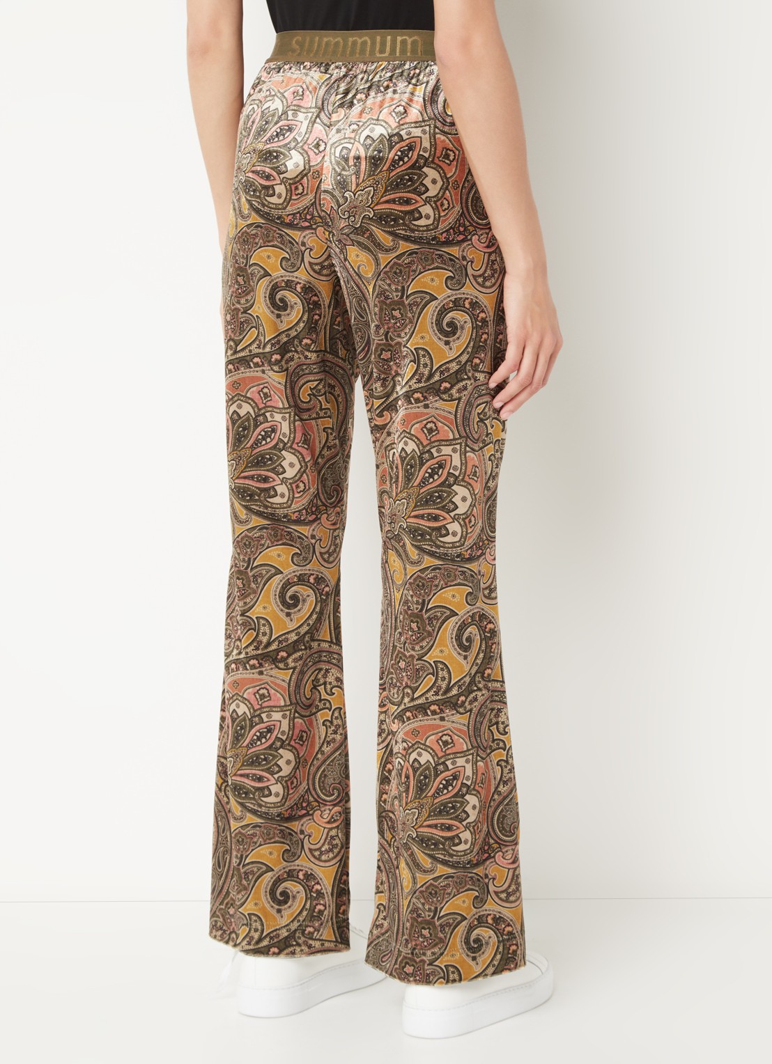 Summum High waist flared fit broek van fluweel met paisley dessin - achterkant 3 bronsgroen