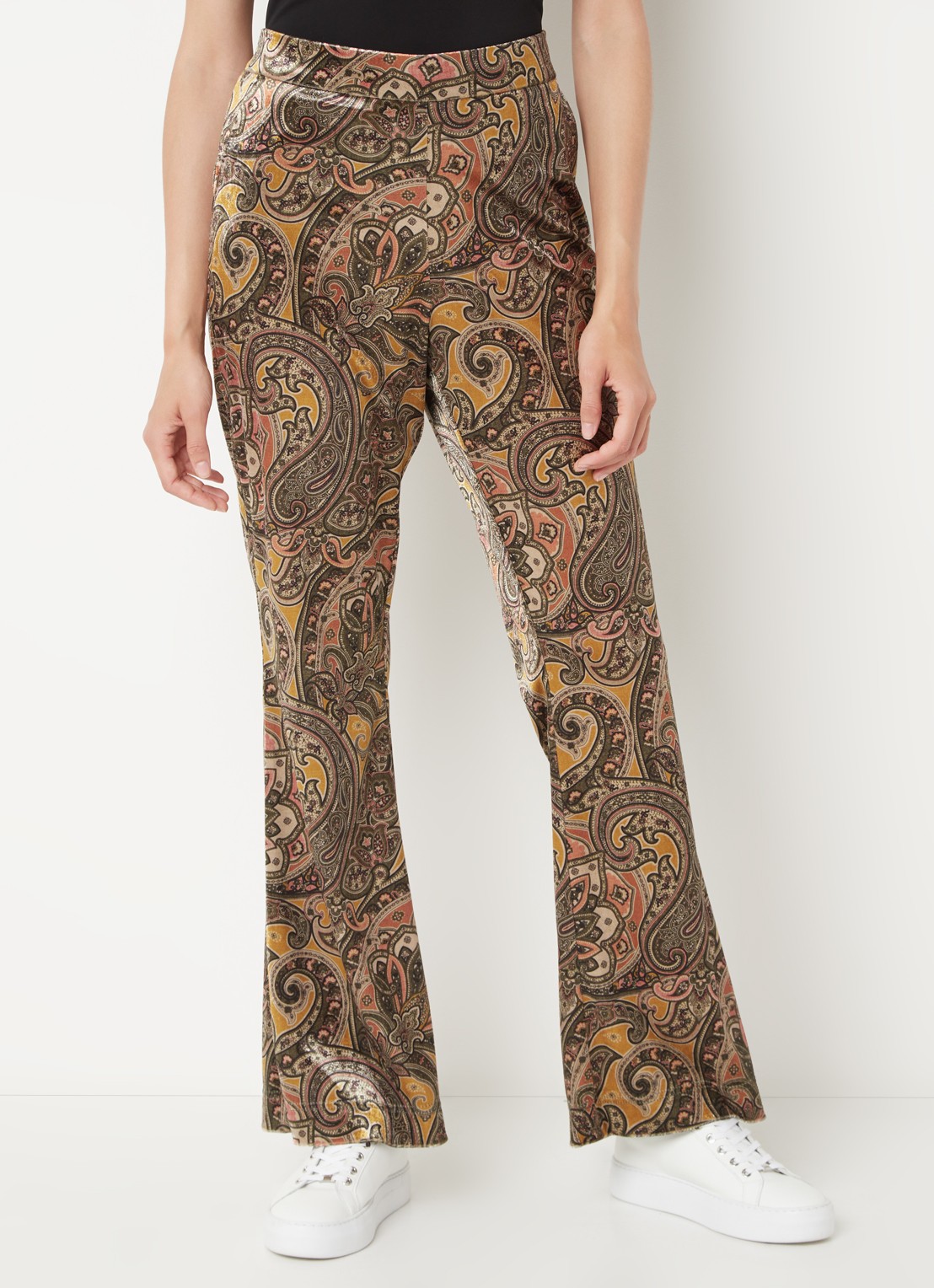Summum High waist flared fit broek van fluweel met paisley dessin - detail 4 bronsgroen