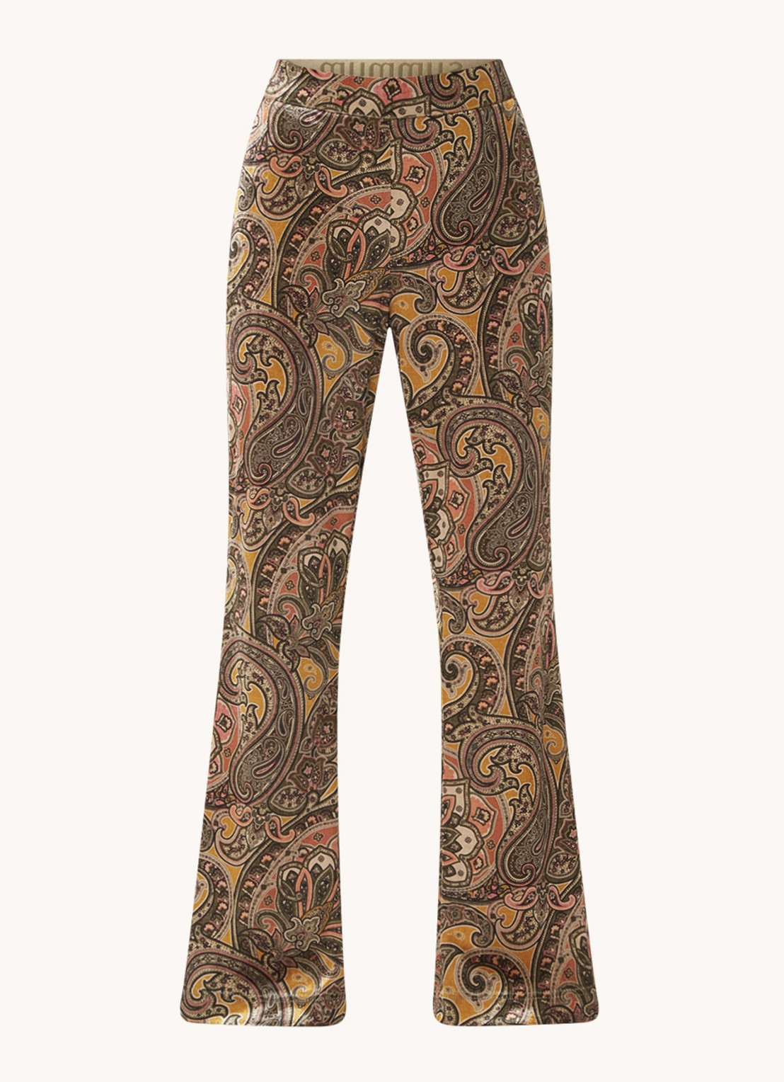 Summum High waist flared fit broek van fluweel met paisley dessin - voorkant bronsgroen
