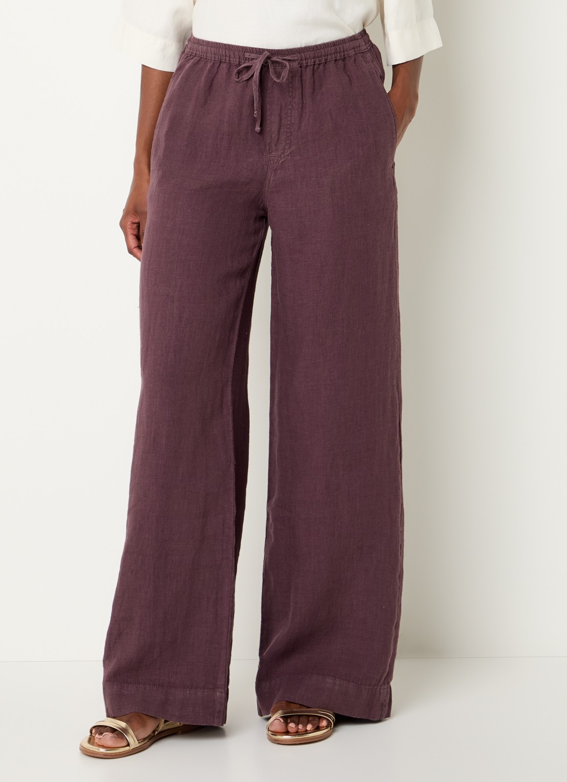 Summum High waist loose fit broek van linnen met steekzakken - detail aubergine