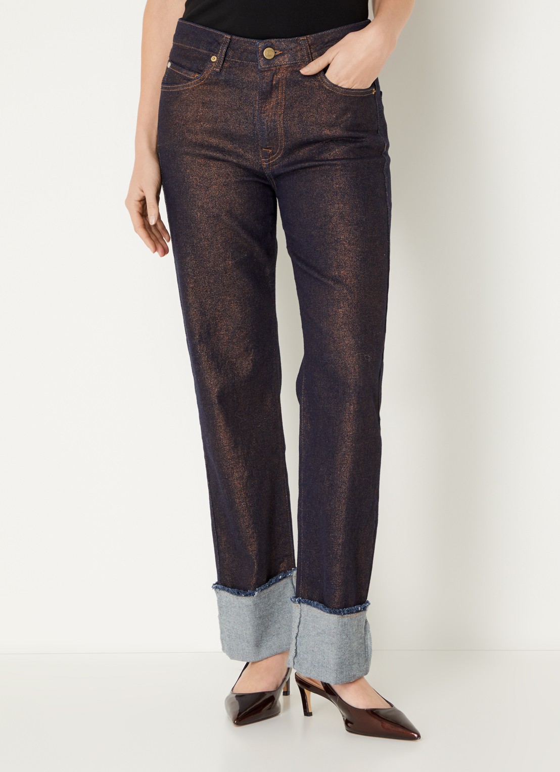 Summum High waist straight leg jeans met lurex - detail roodbruin