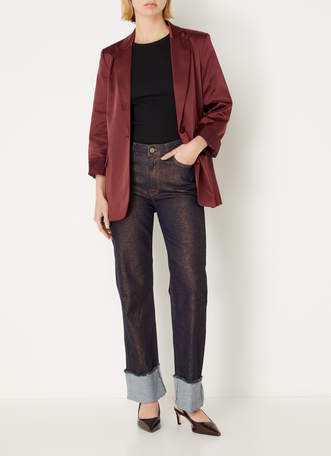 Summum High waist straight leg jeans met lurex - voorkant 4 roodbruin