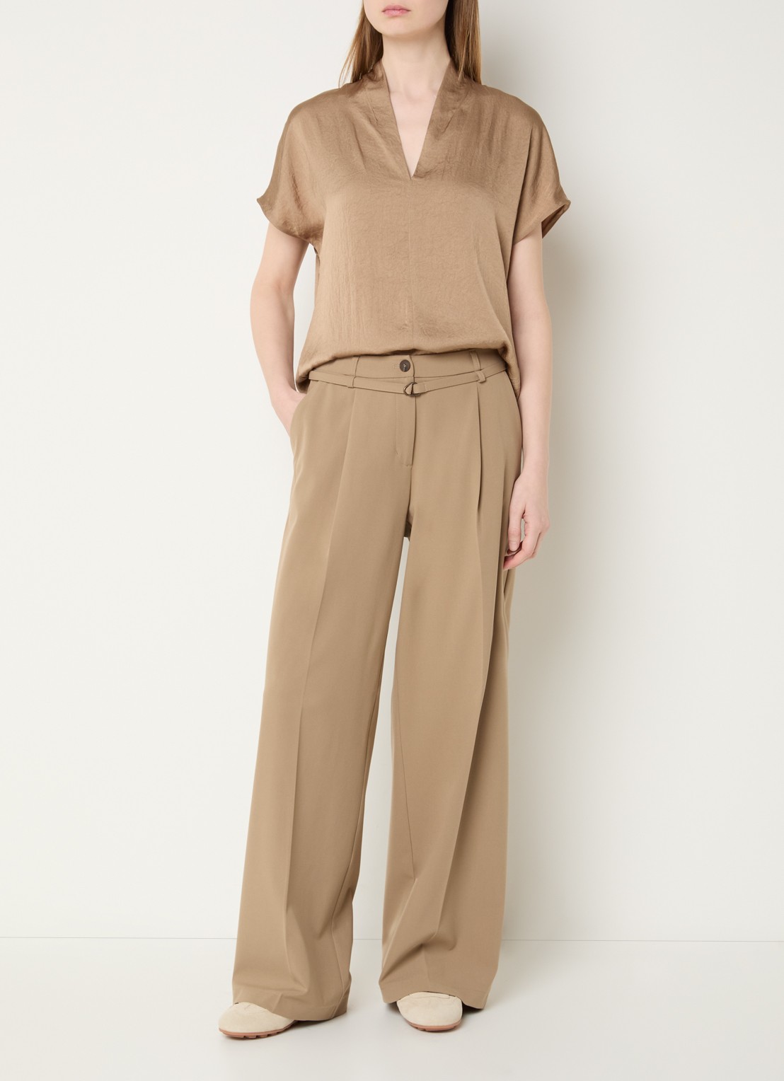 Summum High waist wide fit pantalon met ceintuur - voorkant 3 donkerbeige