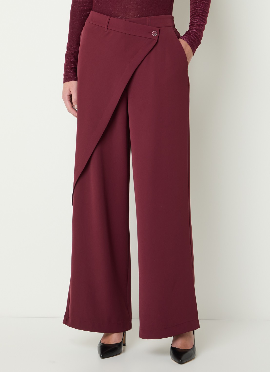 Summum High waist wide fit pantalon met overslag  - detail 4 bordeauxrood