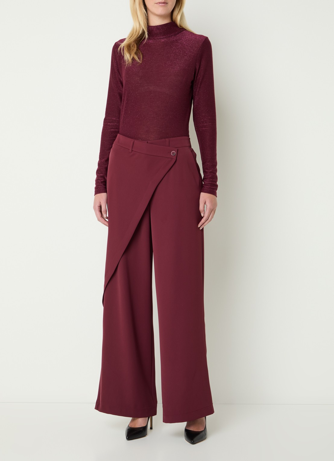 Summum High waist wide fit pantalon met overslag  - voorkant 2 bordeauxrood